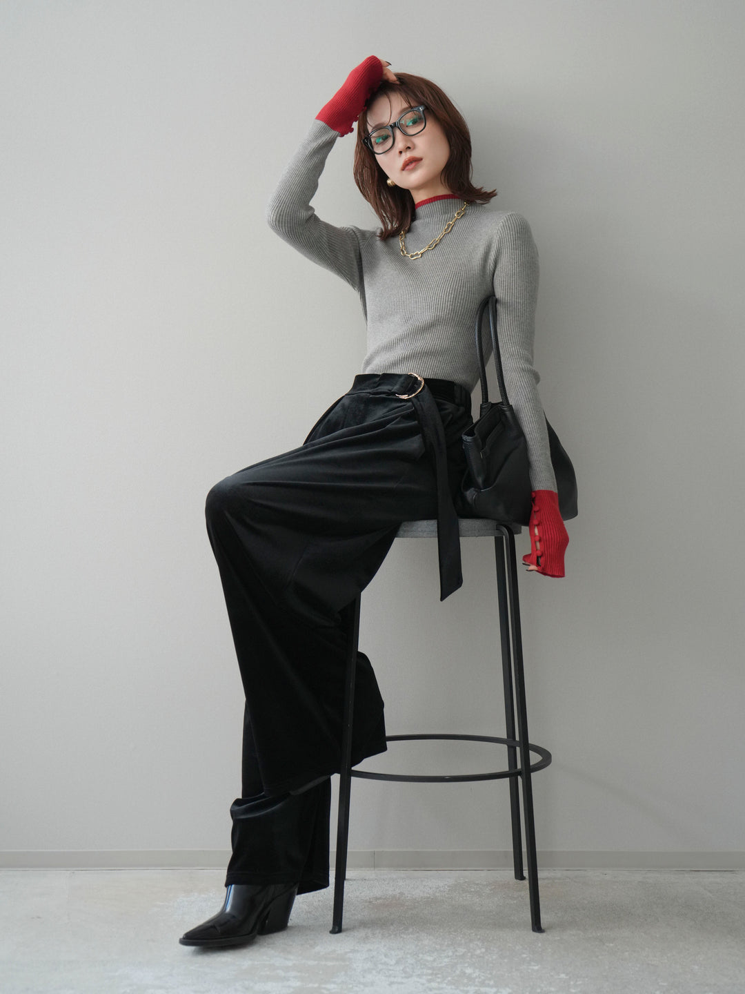 [予約]袖ボタンハイネック配色リブニットトップス/gray