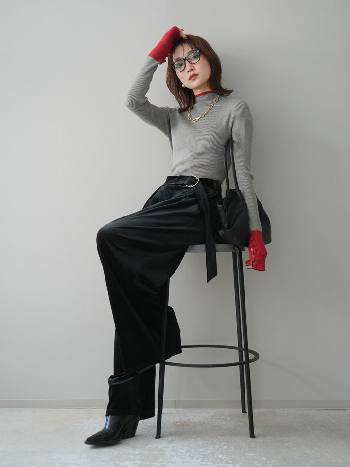 [予約]袖ボタンハイネック配色リブニットトップス/gray