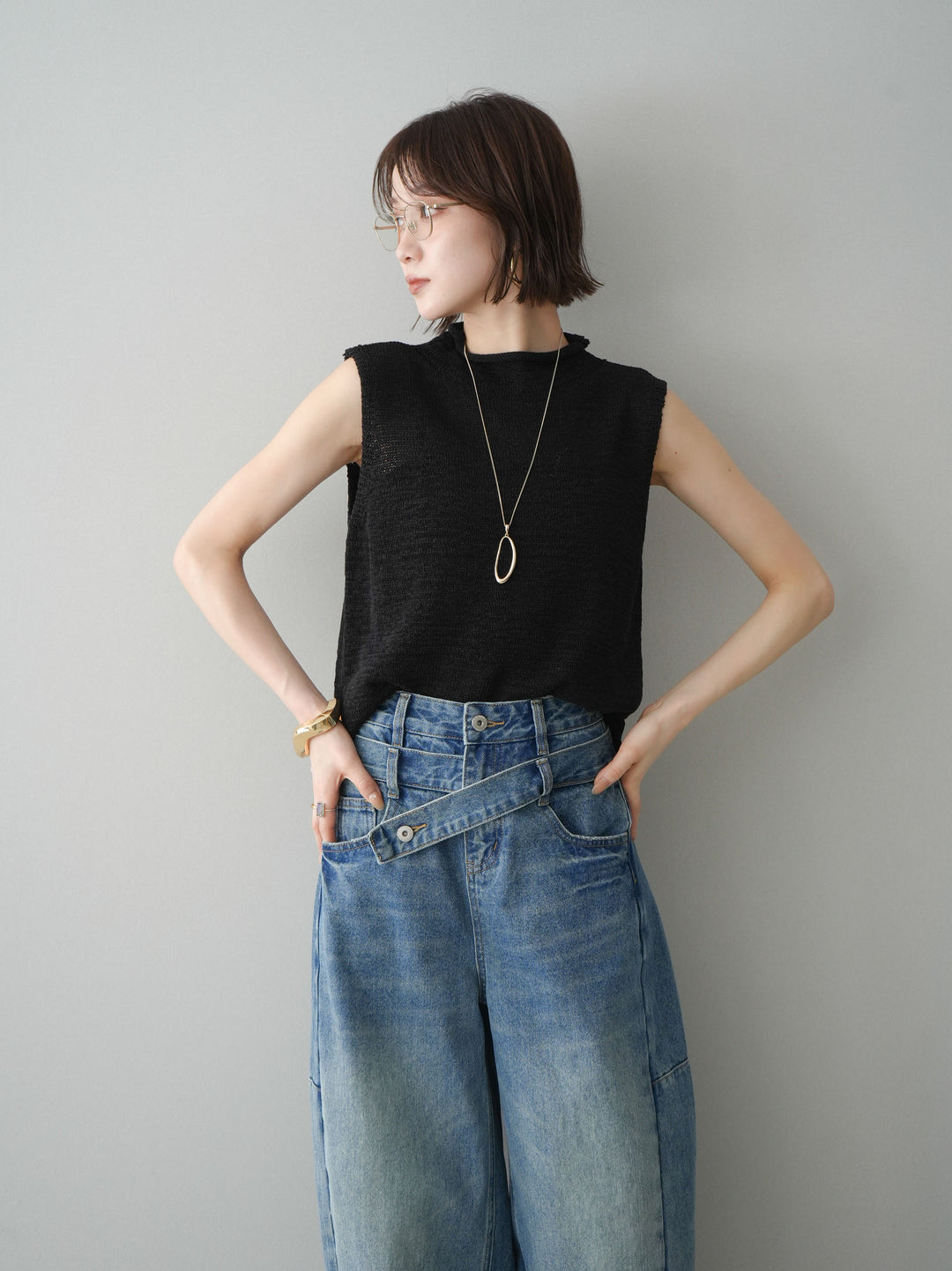 [予約]ノースリーブリネンタッチシアーニットプルオーバー/black