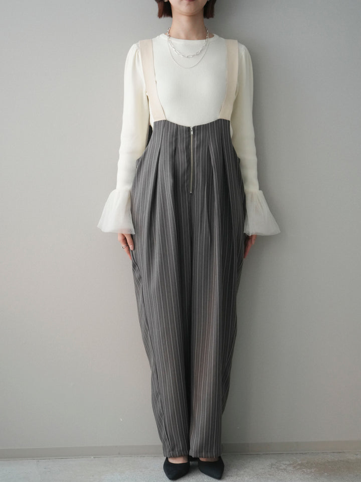 [予約]グログランテープストライプサロペット/charcoal