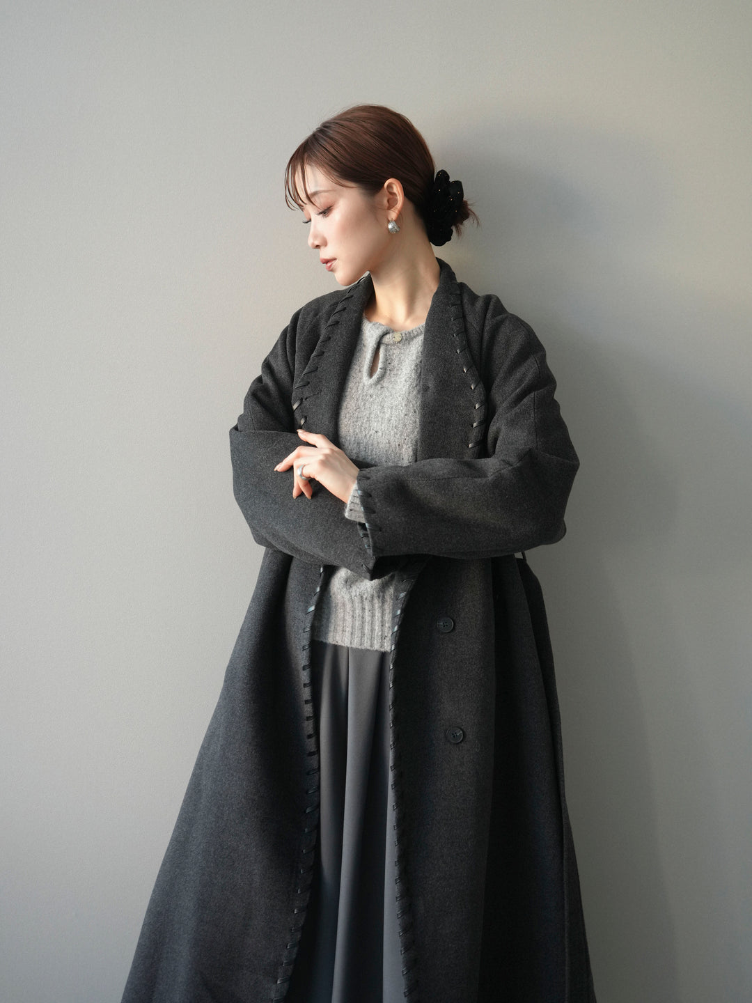 [SET]ハンドステッチ裏中綿ロングコート+テープベルトタックバギーパンツ(2set)