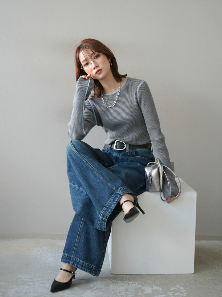 [予約]バイカラークルーネックリブニットトップス/gray