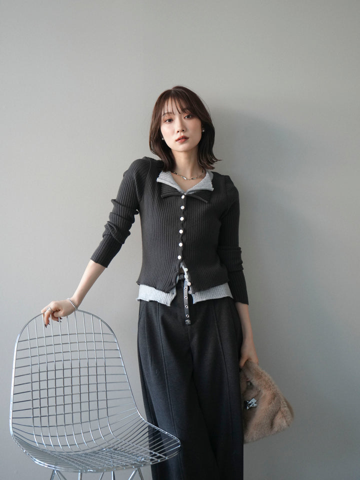 [予約]配色レイヤードリブニットカーディガン/charcoal