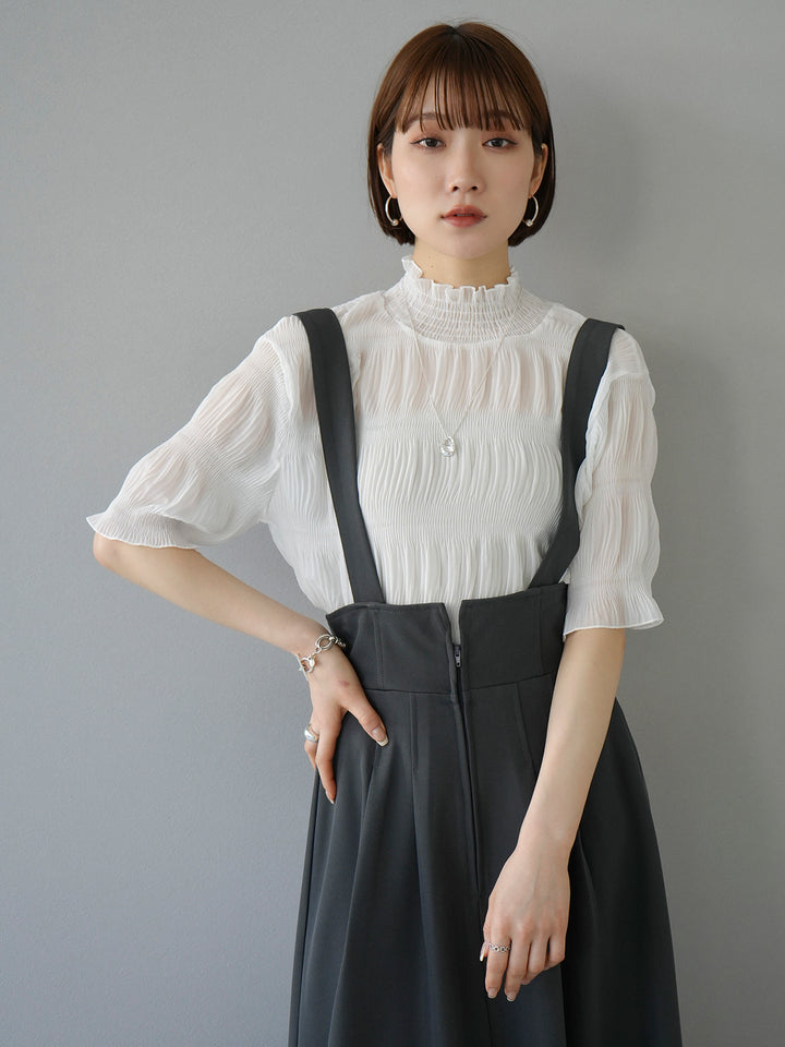 [SET] Shirring chiffon half sleeve blouse + 2WAY flare jumper skirt (2set)