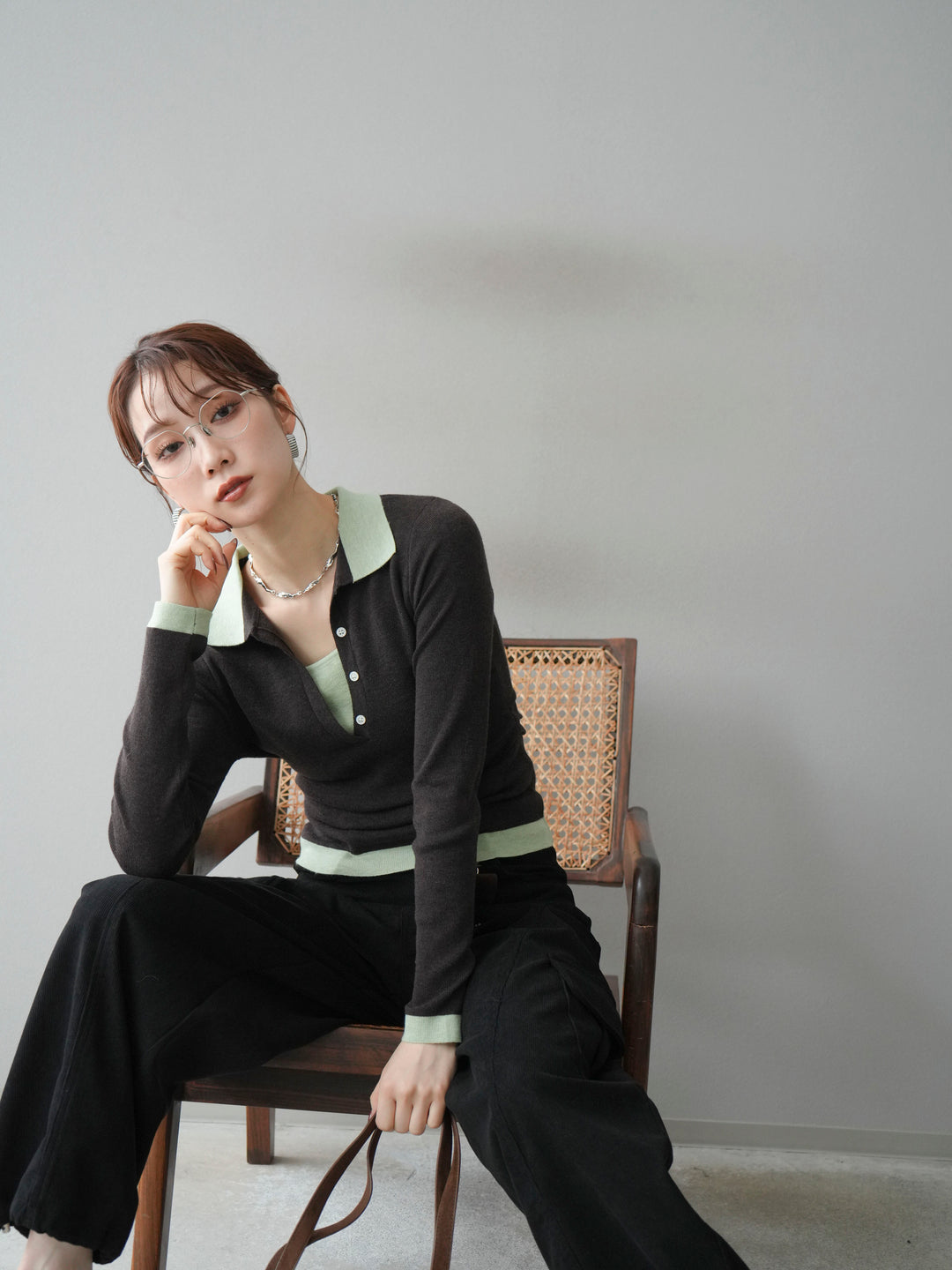 [予約]レイヤード配色ポロニットトップス/darkbrown