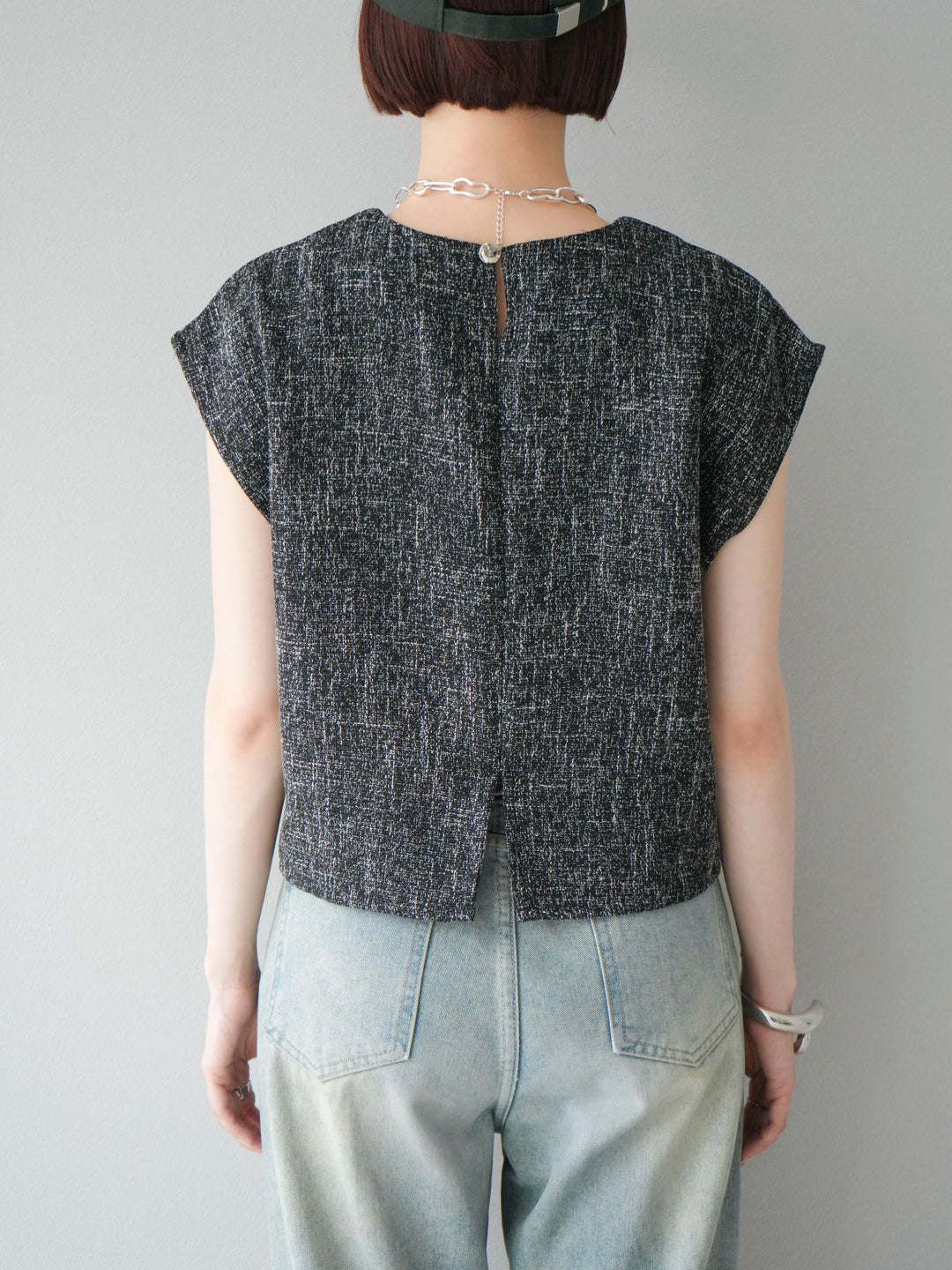 [予約]サマーツイードぺプラムブラウス/ブラックホワイト