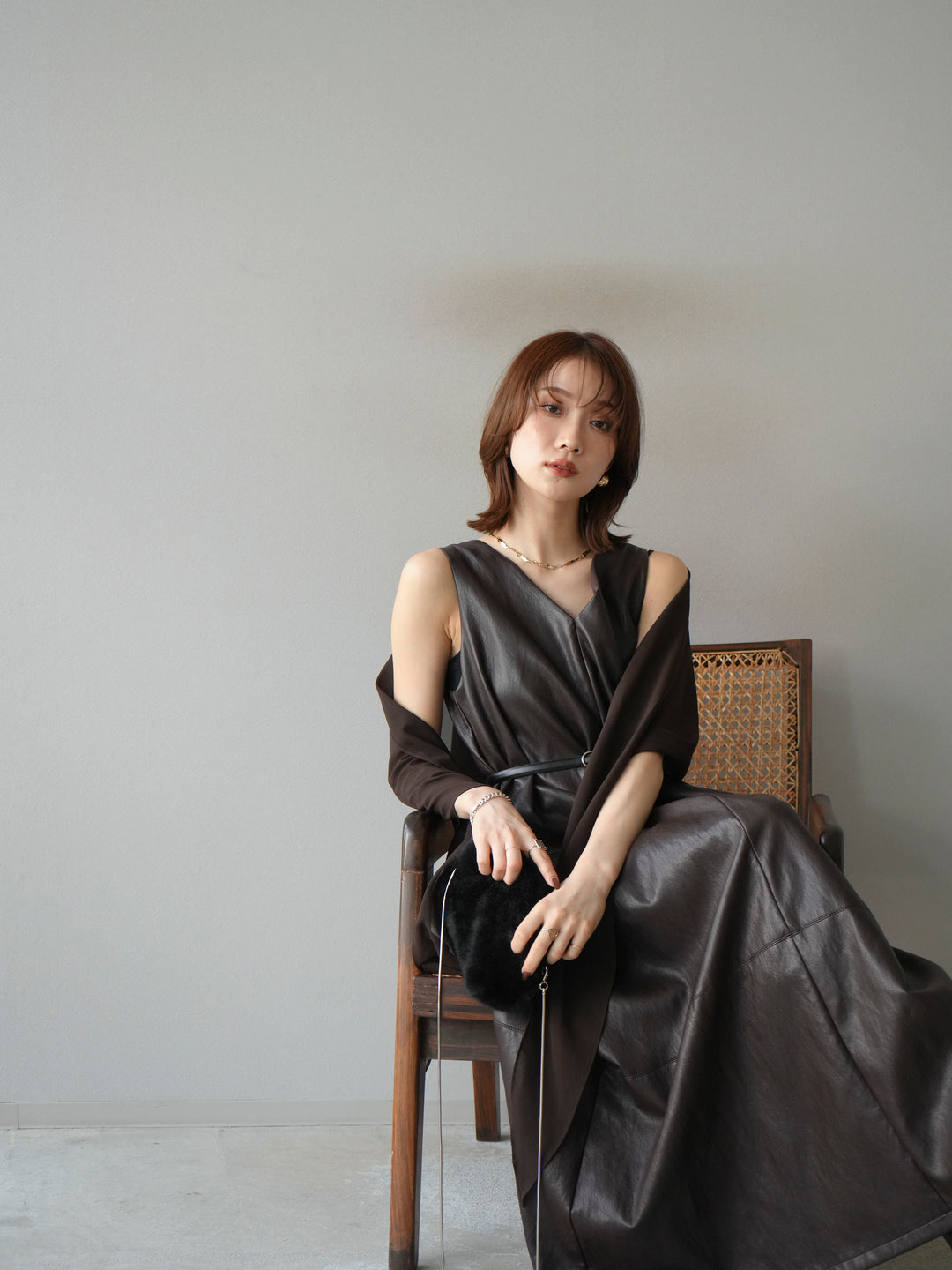 [予約]レザーAラインワンピース/ブラウン