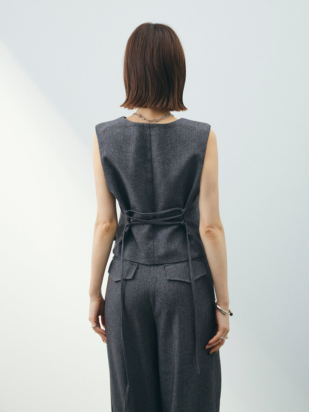 [SET]フラワーモチーフレースアップジレ＆ベルト付ワイドパンツSET UP(2set)