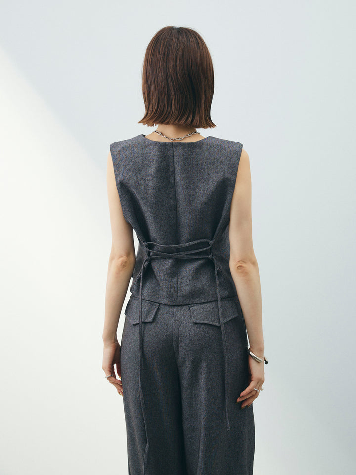 [SET]フラワーモチーフレースアップジレ＆ベルト付ワイドパンツSET UP(2set)