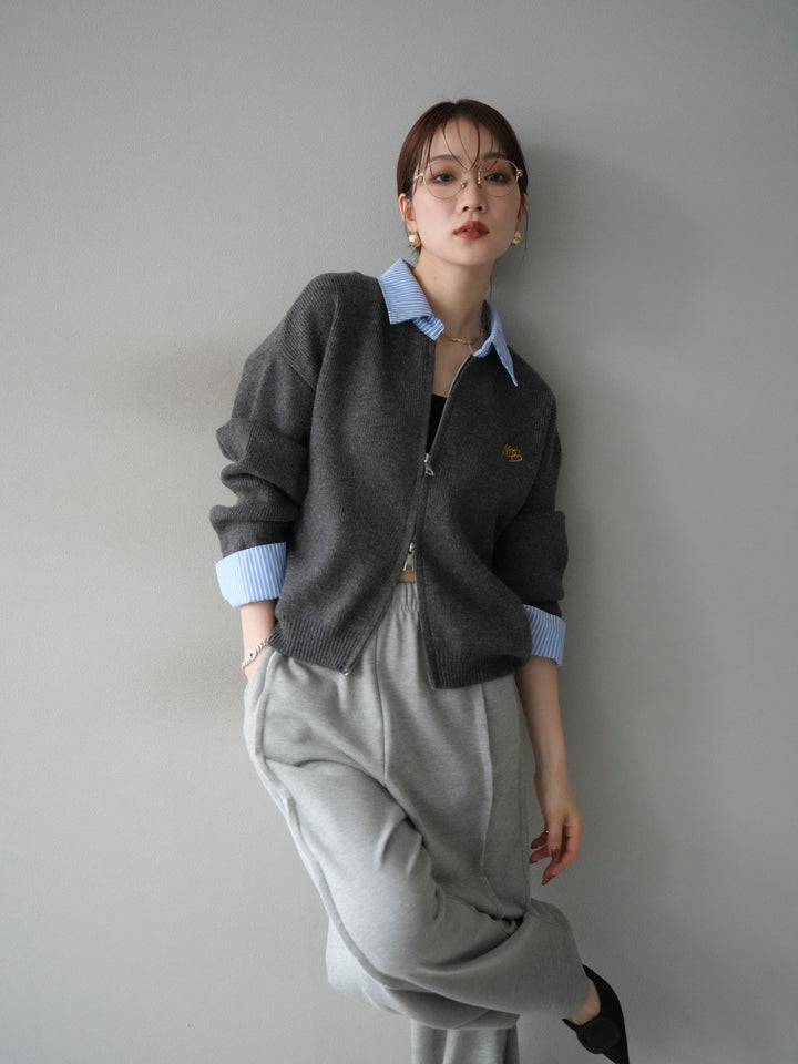 [SET]ストライプシャツレイヤードZIPニットカーディガン+選べるアクセセット(2set)