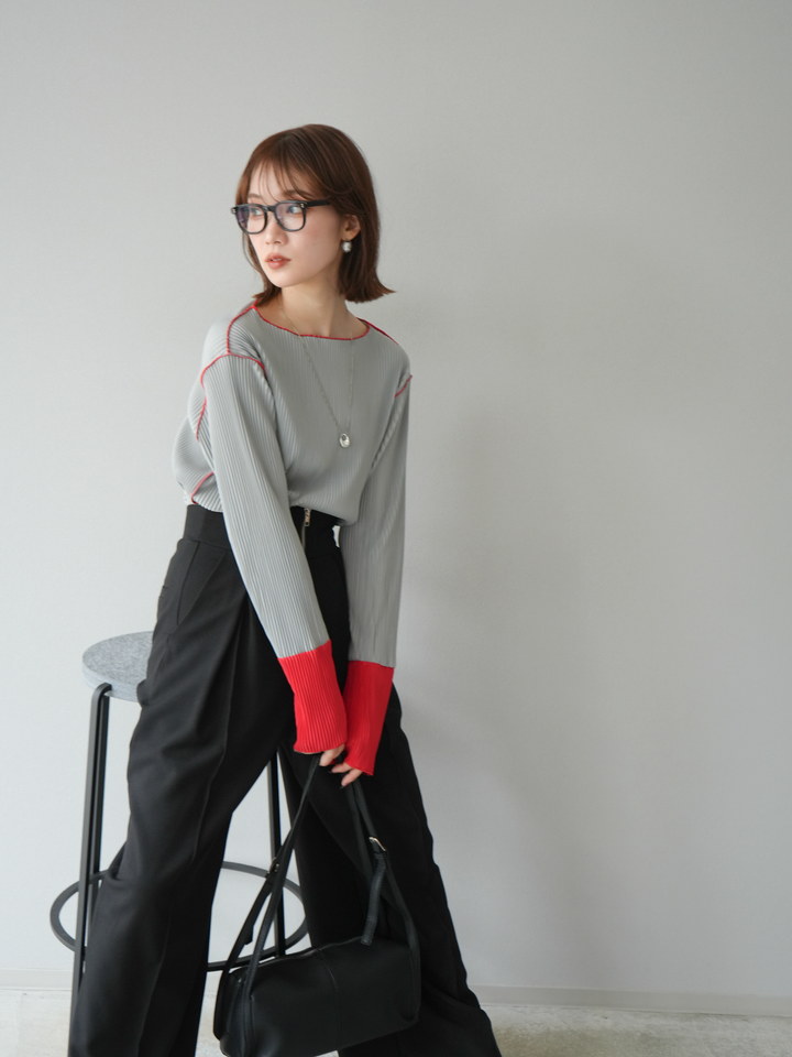 [予約]バイカラープリーツトップス/グレー