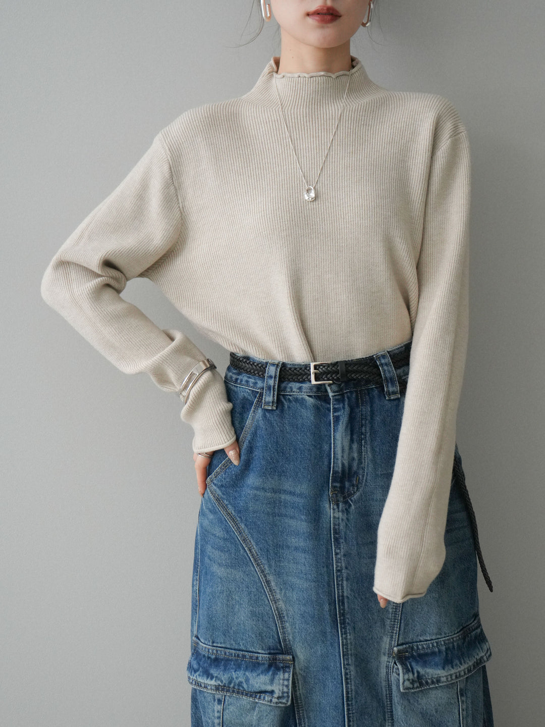 [SET]ボトルネック裾カールリブニットトップス+ボトルネック裾カールリブニットトップス(2set)