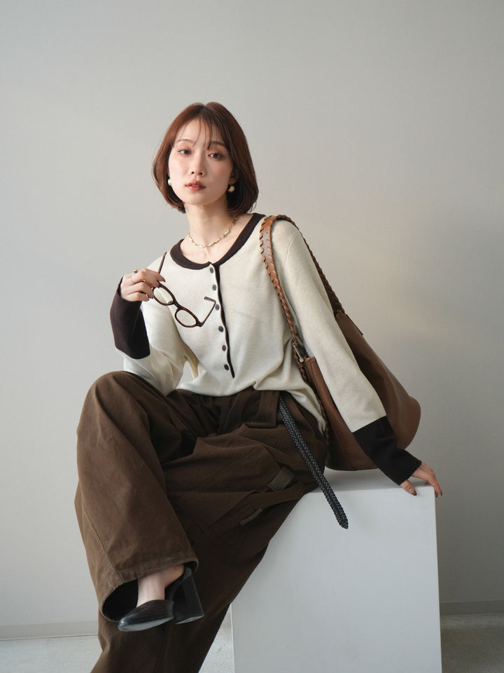 [SET]ヘンリーネック配色ニットソー+コットンタックループパンツ(2set)