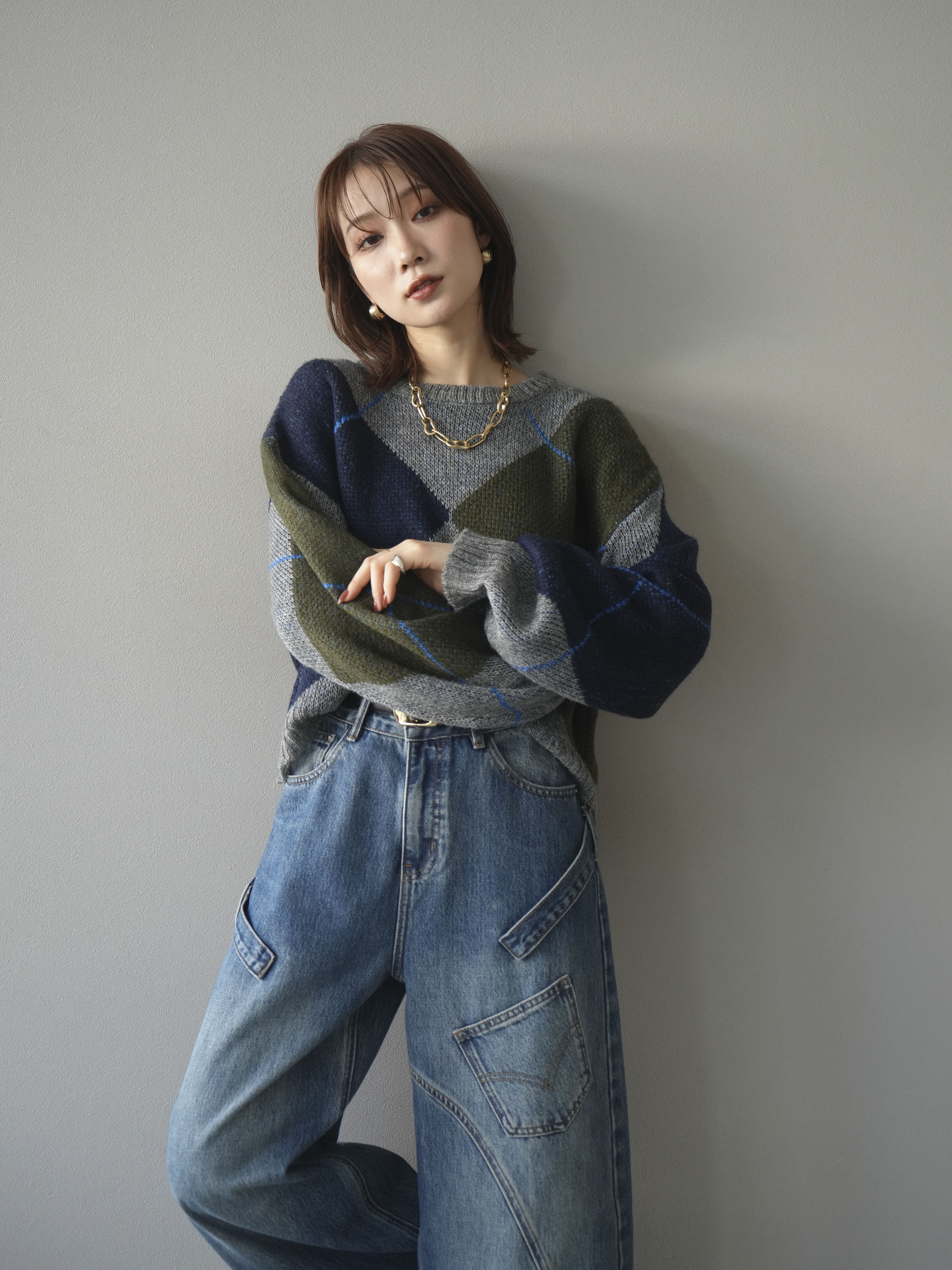 SET]配色ステッチアーガイル柄ニットプルオーバー+配色ステッチ