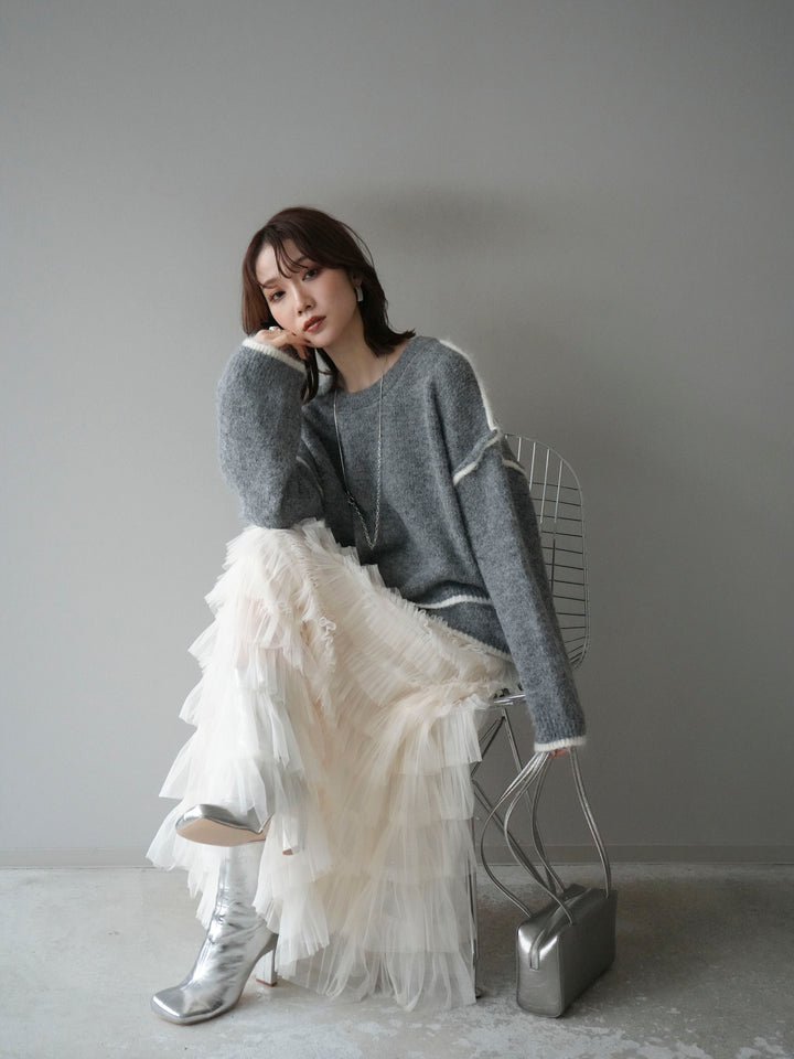[SET]バイカラーレイヤードデザインニットプルオーバー+チュールティアードスカート(2set)