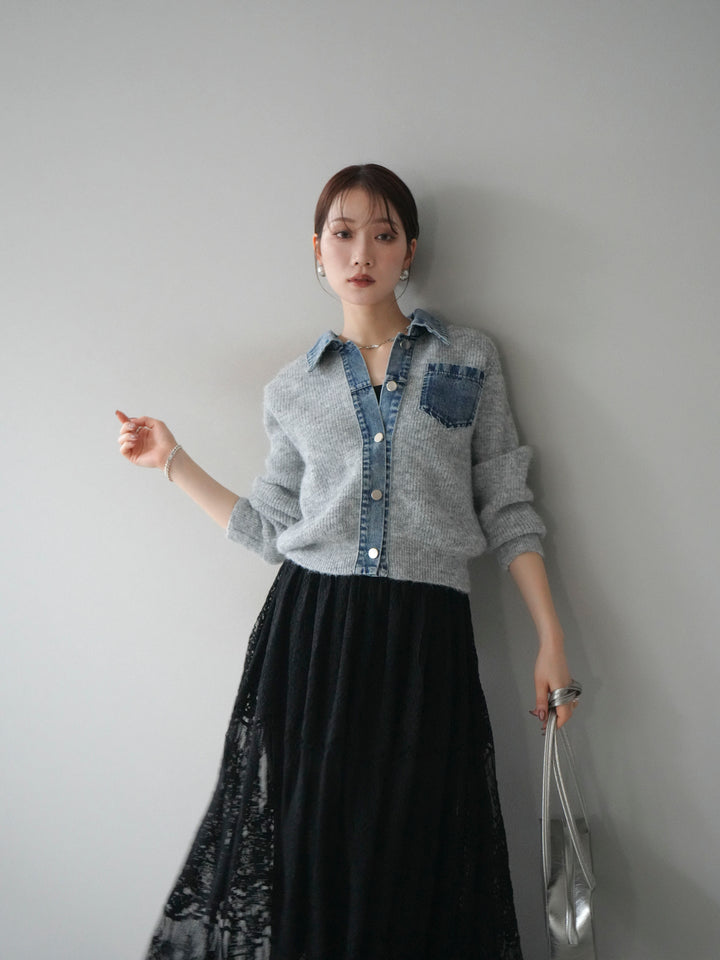 [予約]デニム襟ポケットニットカーディガン/gray