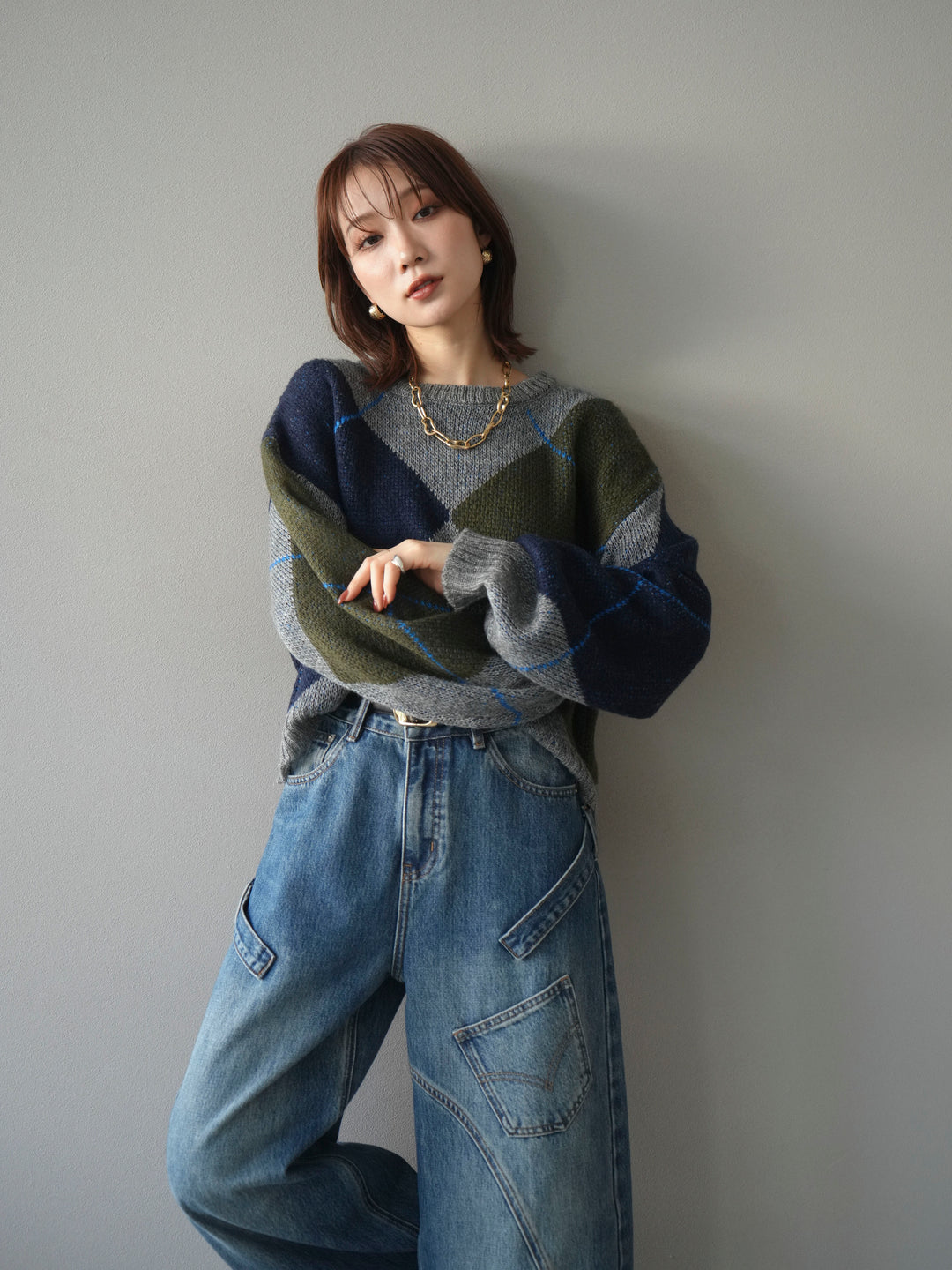 [予約]配色ステッチアーガイル柄ニットプルオーバー/gray