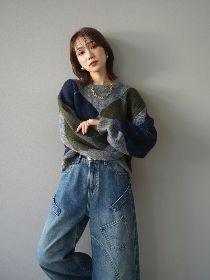 [予約]配色ステッチアーガイル柄ニットプルオーバー/gray