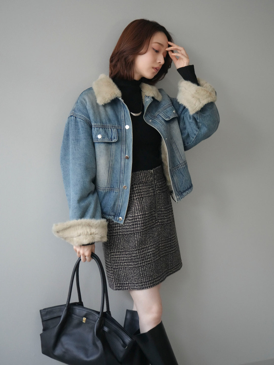 [予約]デニム×ファーステンカラーショートジャケット/lightblue