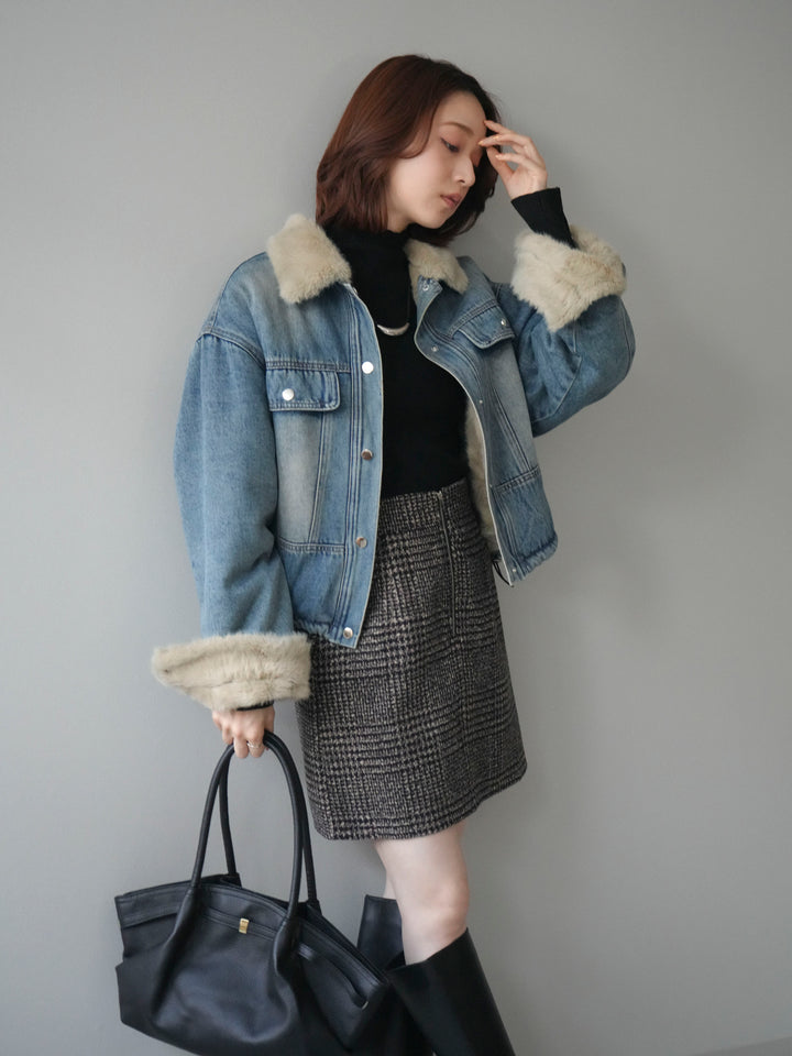 [予約]デニム×ファーステンカラーショートジャケット/lightblue