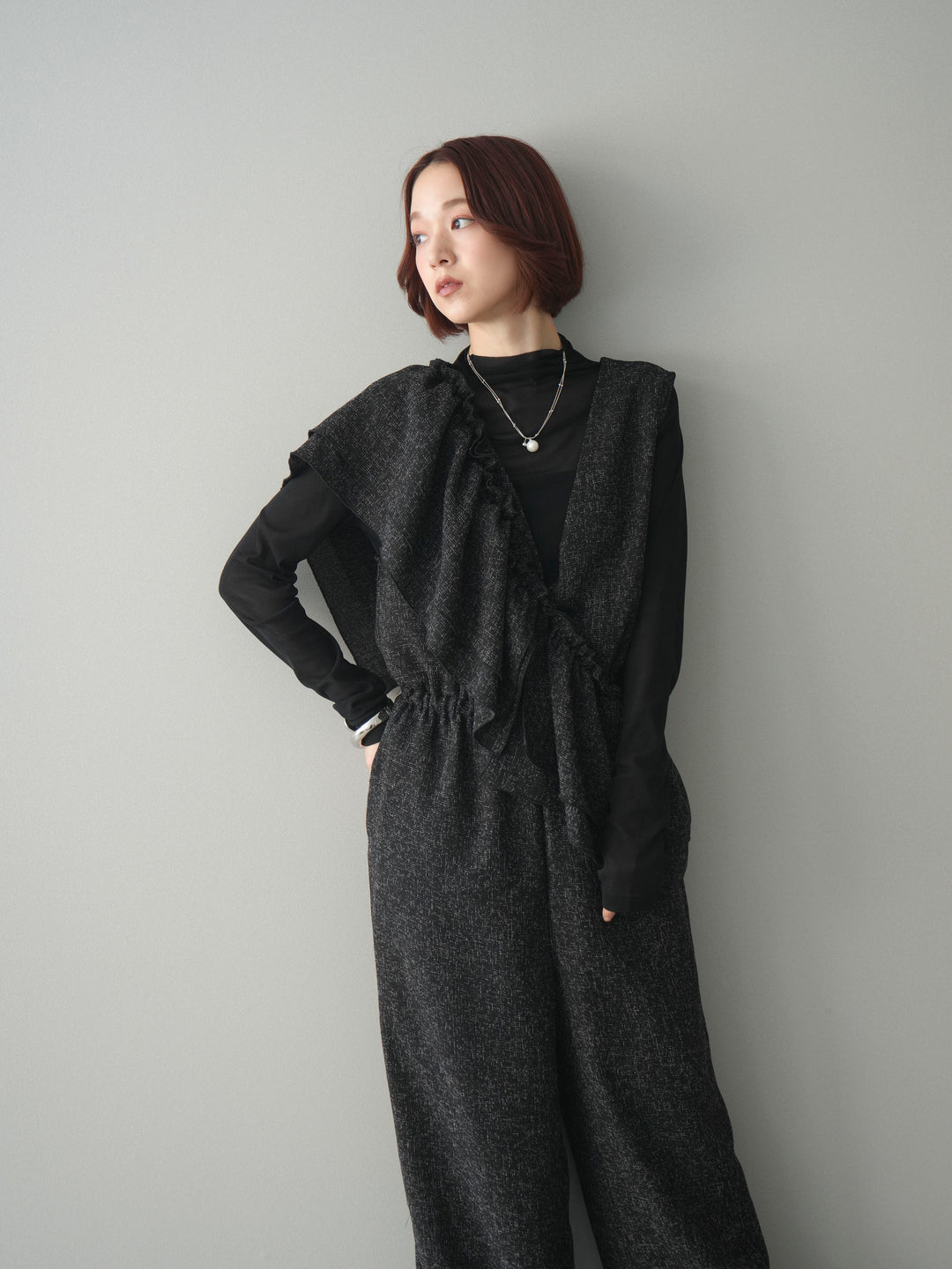 [SET]3WAYミックスツイードギャザーオールインワン+シアープチネックストレッチトップス(2set)