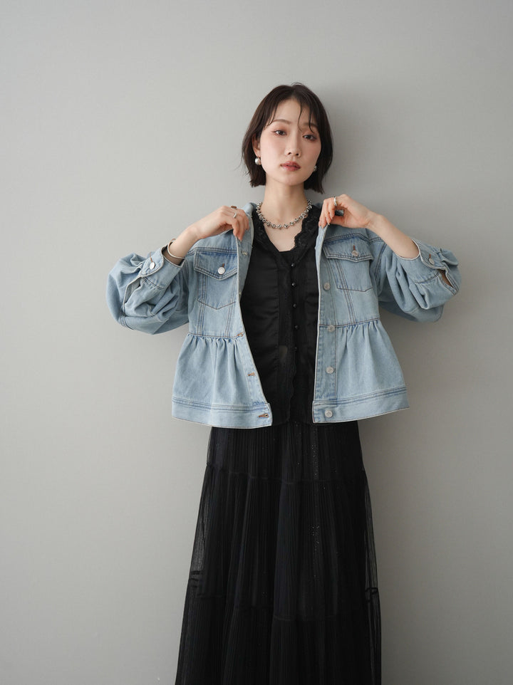 【套裝】荷葉邊牛仔外套+無袖緞面蕾絲吊帶背心+亮片褶皺多層薄紗長裙（三件套）