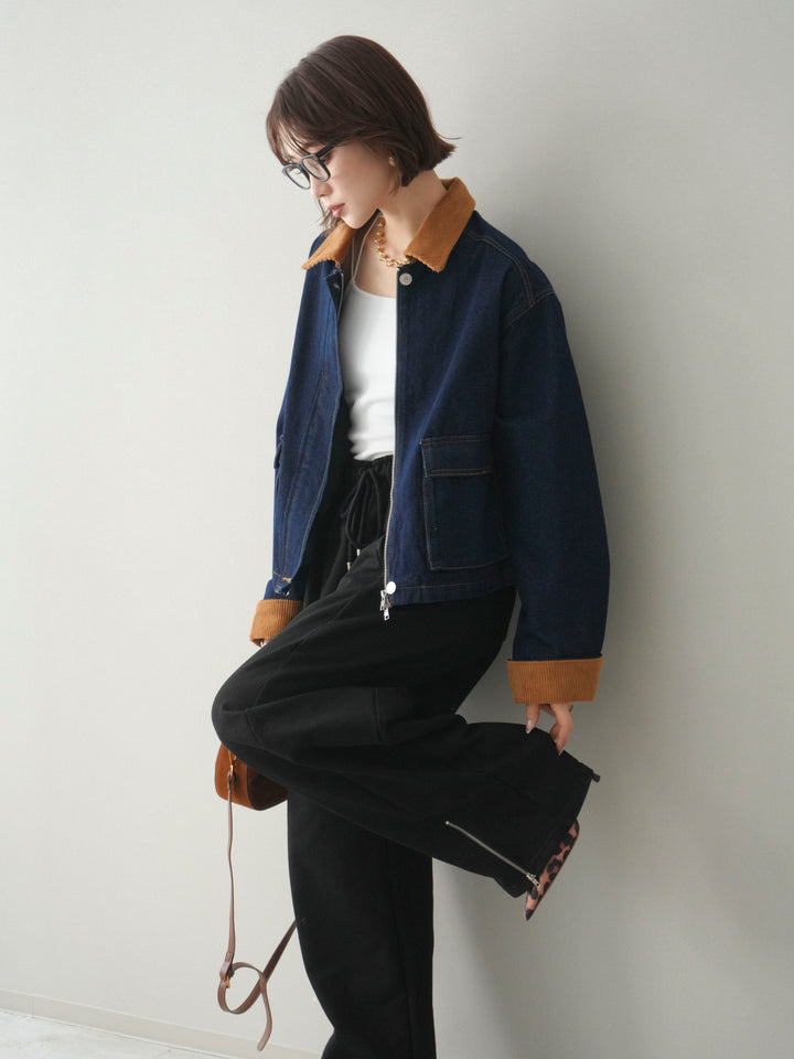 [予約]コーデュロイ×デニムショートカバーオール/indigo