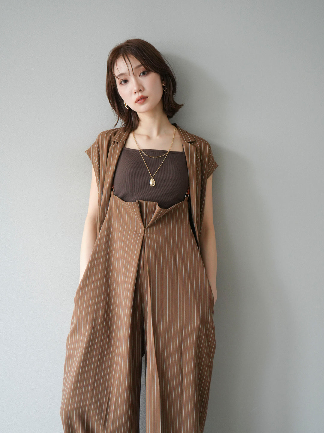 【着回しセット】[SET]ヘリンボーンストライプジレ+シアー切替ベロアトップス+ヘリンボーンストライプサロペット(3set)