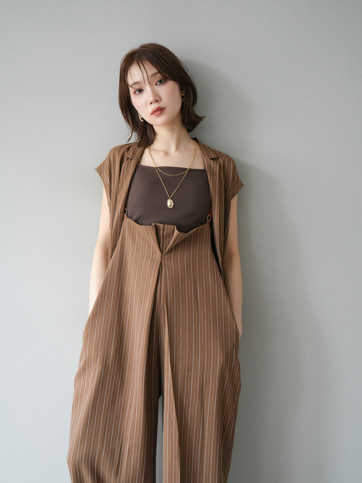 【着回しセット】[SET]ヘリンボーンストライプジレ+シアー切替ベロアトップス+ヘリンボーンストライプサロペット(3set)