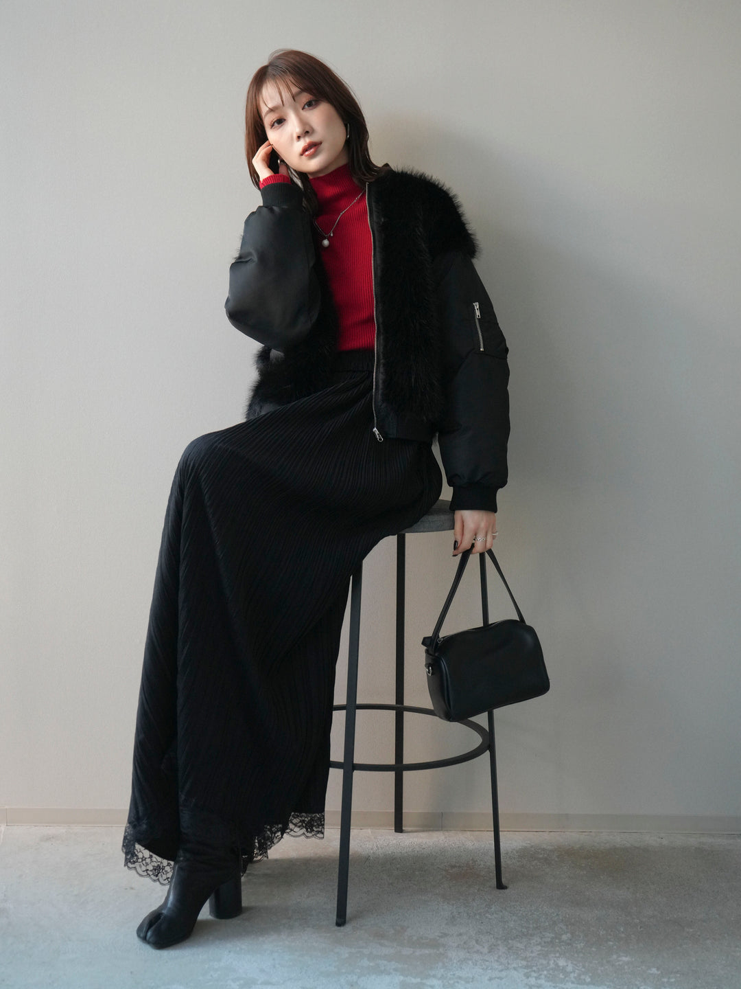 [SET]ファードッキングMA-1+袖ボタンボトルネックリブニットトップス+裾レーススウェードプリーツマキシスカート(3set)