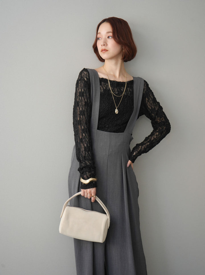 [SET]サイドギャザーレーストップス+シボ加工ハイウエストタックサロペット(2set)