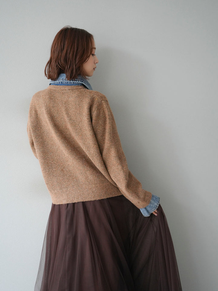 【預購】牛仔領紐扣針織開襟衫/駝色