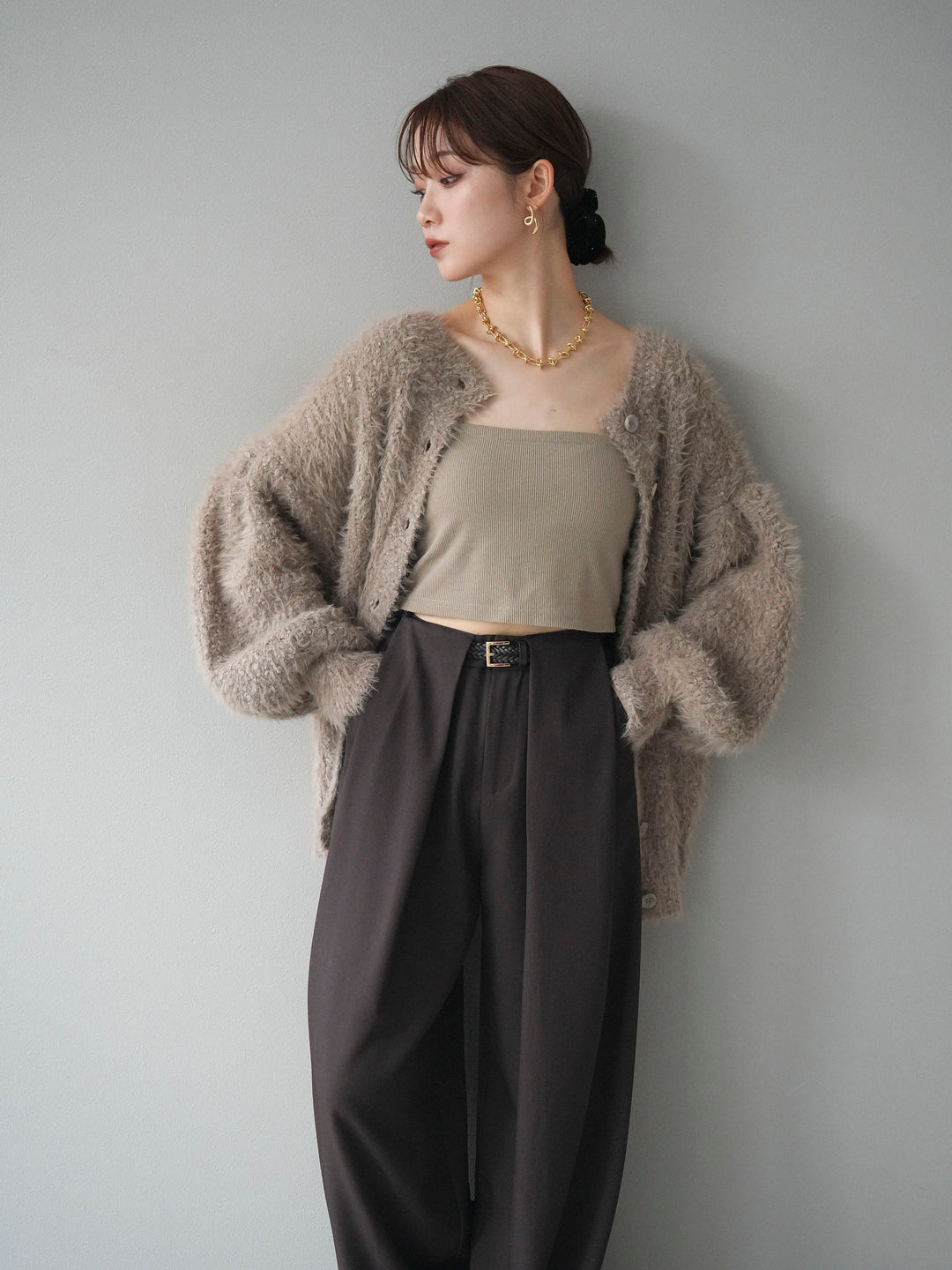 [SET]クルーネックランダムシャギーカーディガン+ベルトループデザインワイドパンツ(2set)