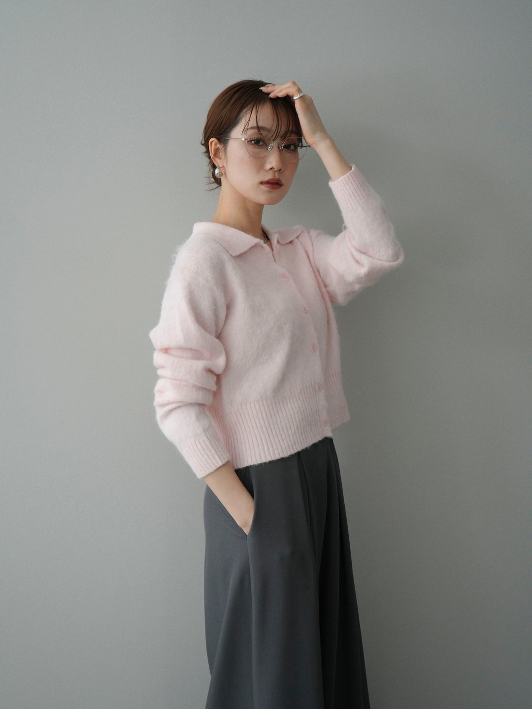 [予約]モヘア衿付きボタンプルオーバー/pink