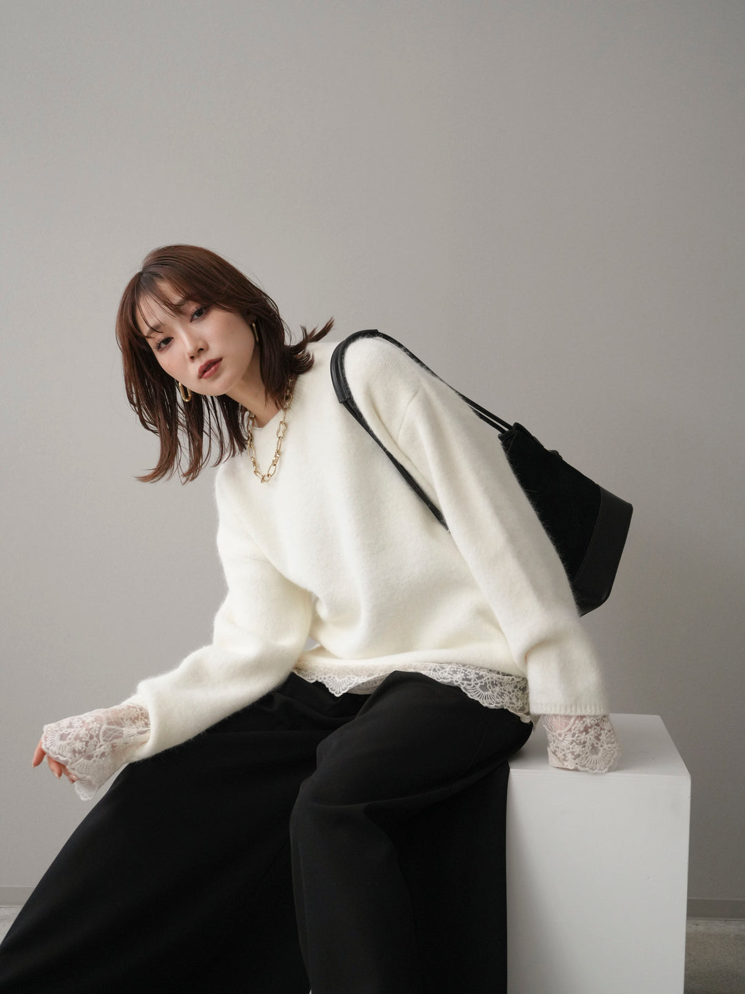 [SET]アンゴラタッチクルーネックニットプルオーバー+チュールレーストップス(2set)