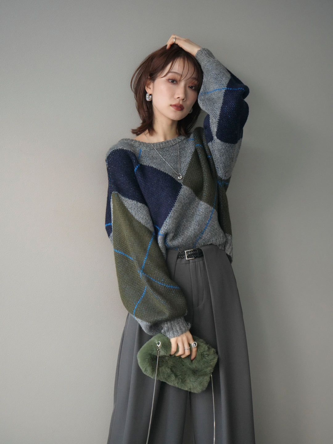 [予約]配色ステッチアーガイル柄ニットプルオーバー/gray