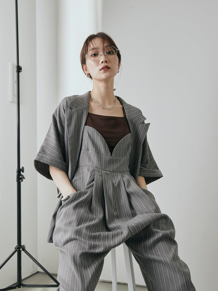 [予約]ヘリンボーンストライプサロペット/チャコール