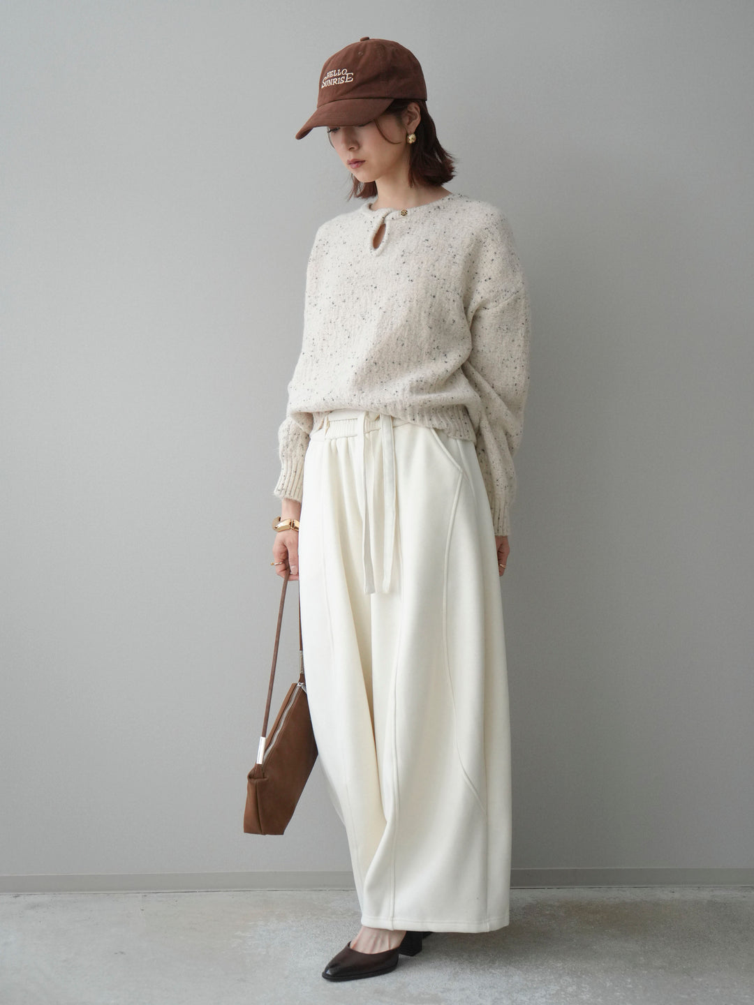 [SET]ツイストネックラメネップヤーンニットプルオーバー+ウエストベルトカーブラインスエットパンツ(2set)