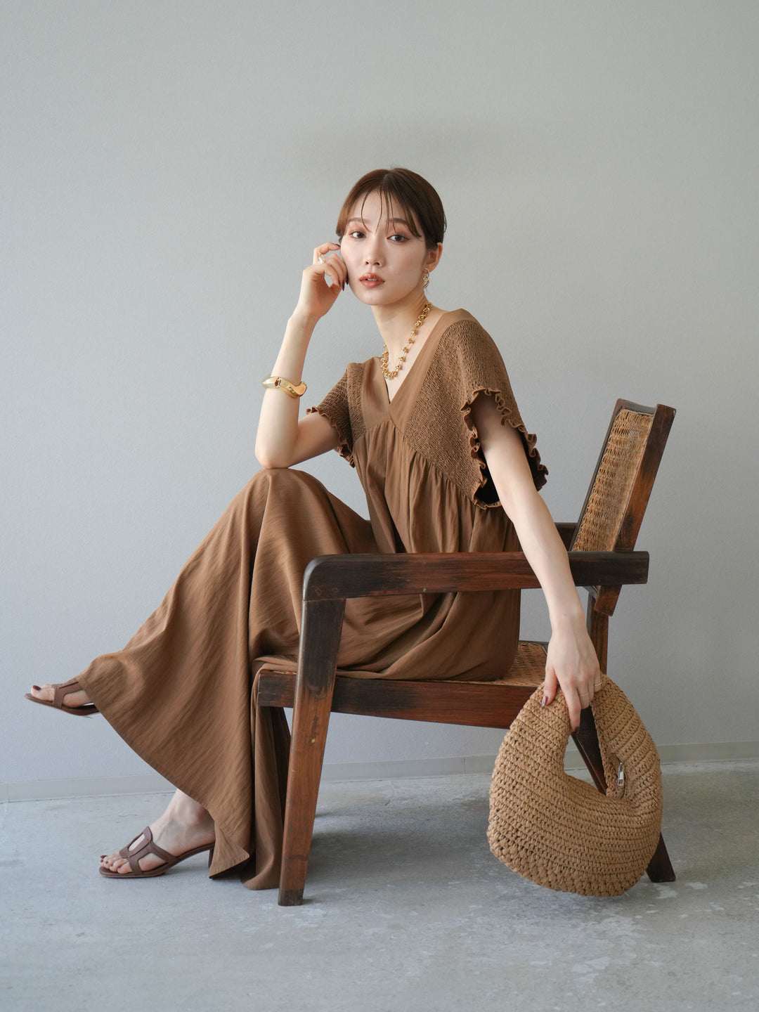 [SET] 褶皺V領連身裙 + 褶皺V領連身裙 (2件套)