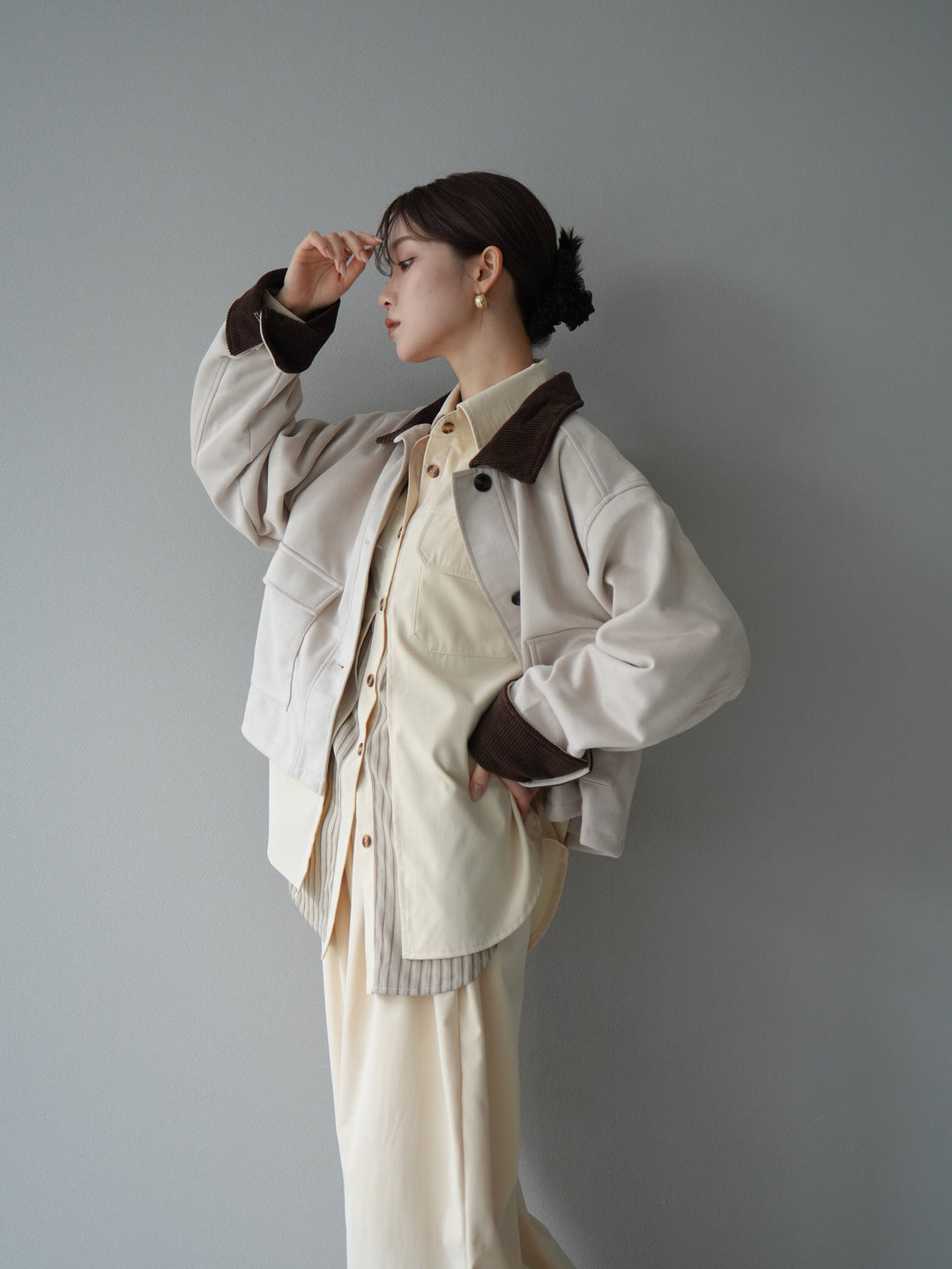 [予約]コーデュロイ切替スウェードショートジャケット/エクリュ