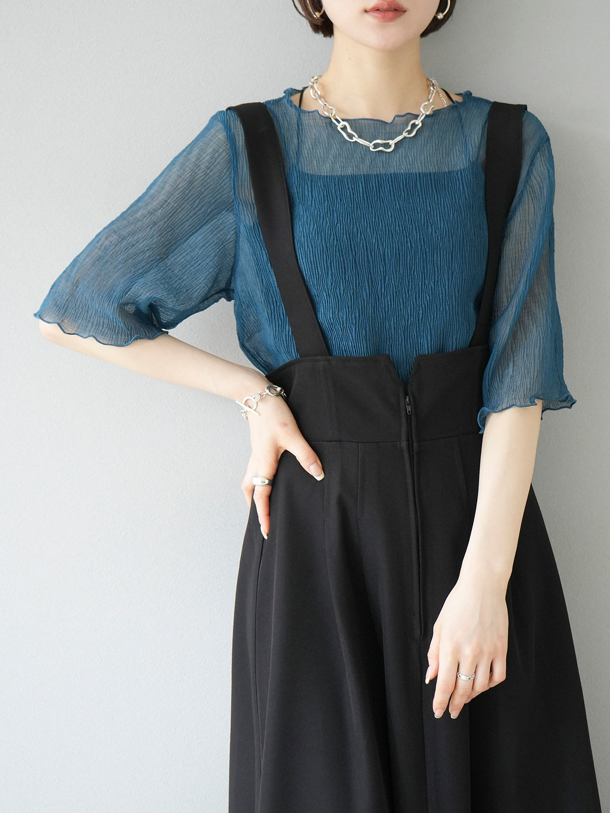 予約]楊柳シアーメローハーフスリーブトップス/ブルーグリーン – Lumier