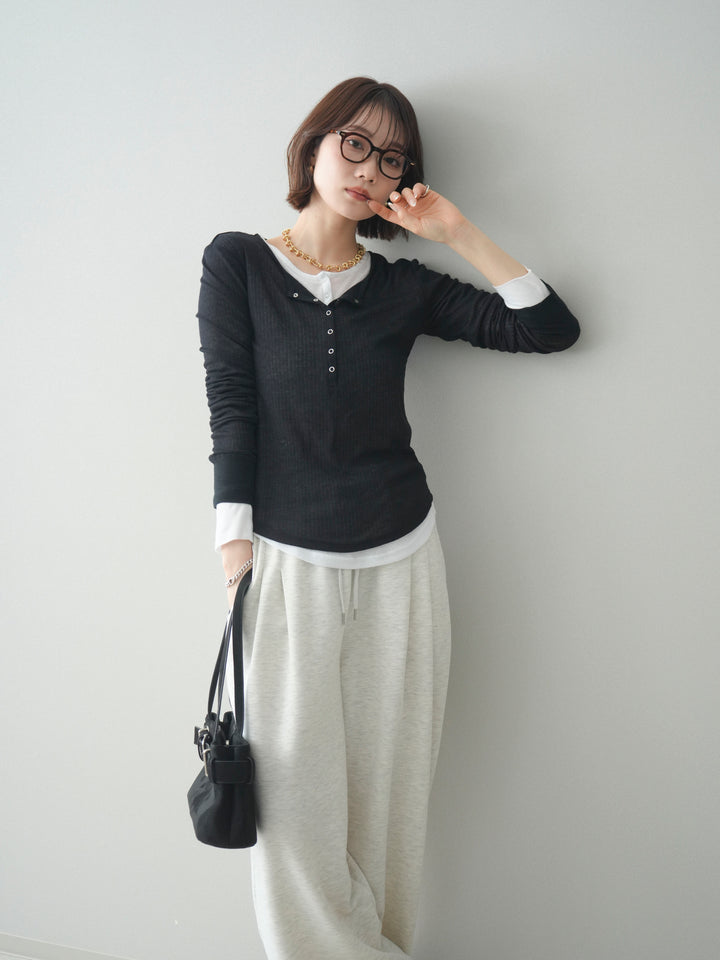 [予約]シアーリブヘンリーネックロンT/black