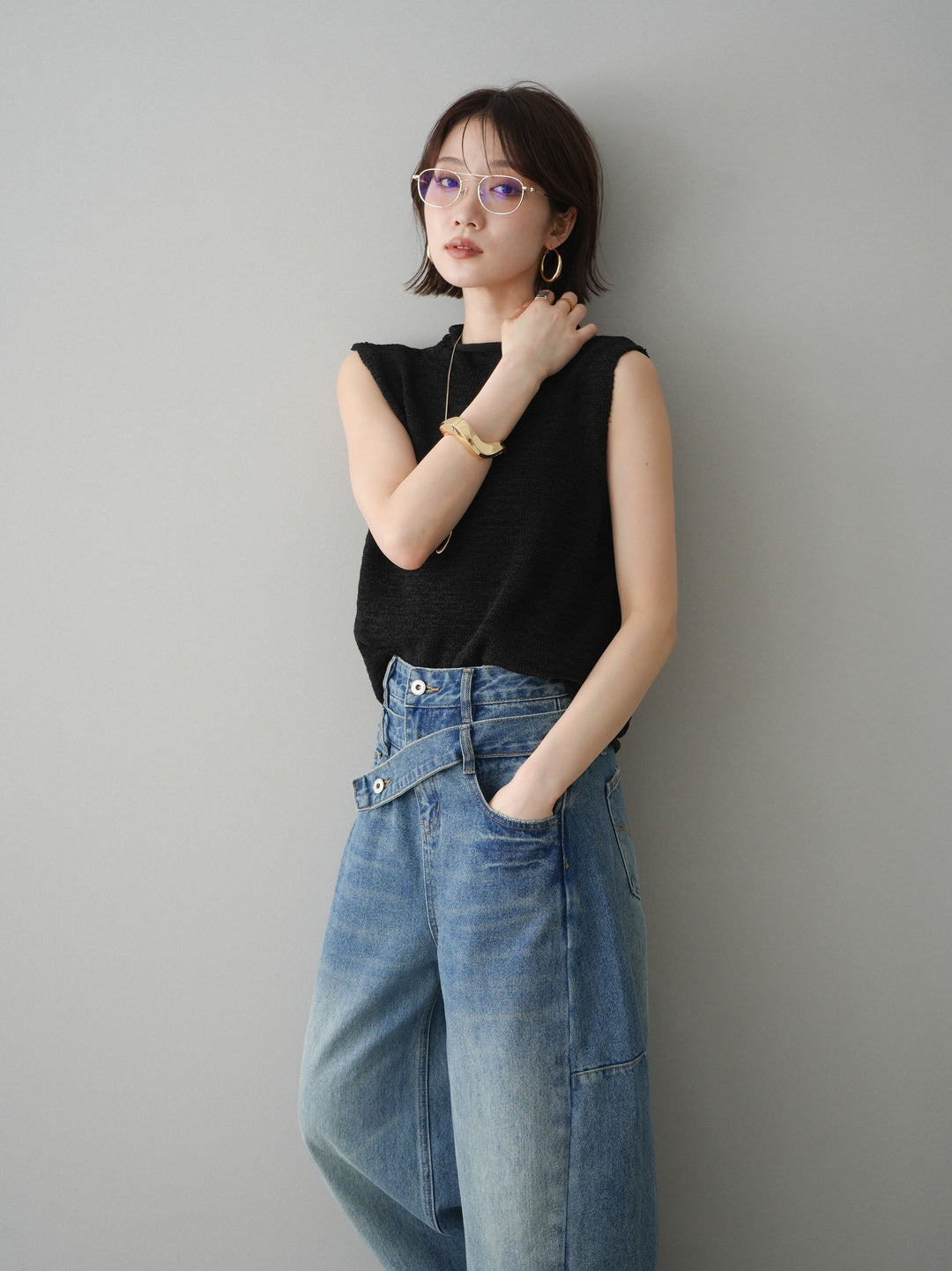 [予約]ノースリーブリネンタッチシアーニットプルオーバー/black