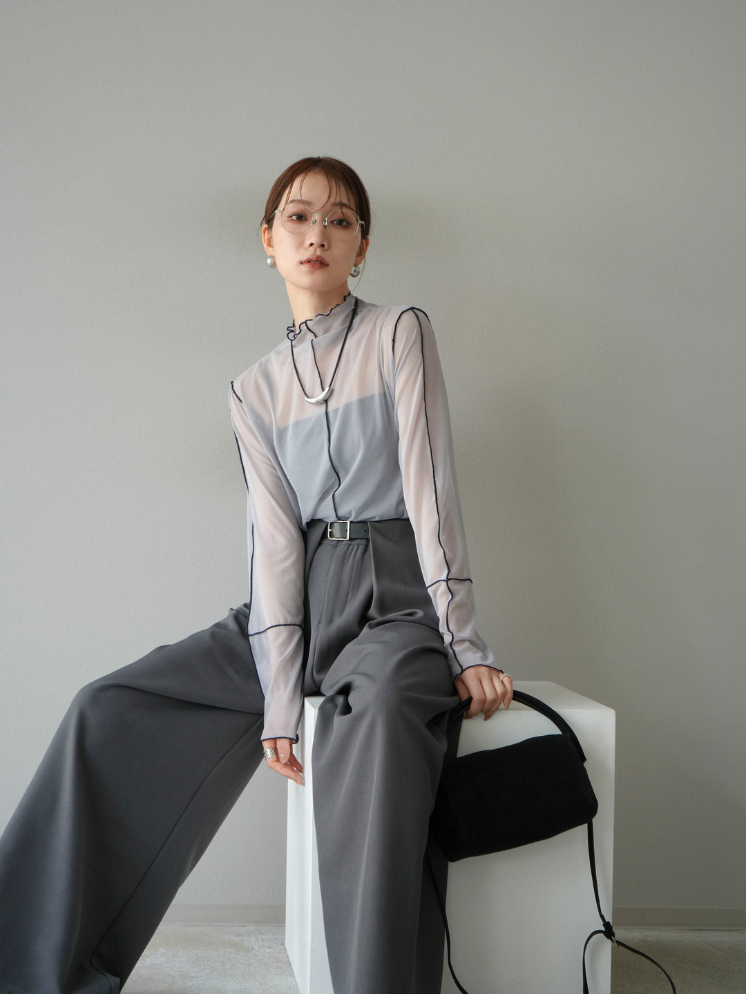 [予約]シアーパイピングカットソー/ライトグレー×ネイビー