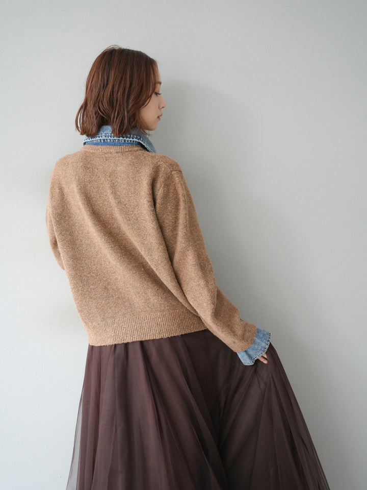 【預購】牛仔領紐扣針織開襟衫/駝色