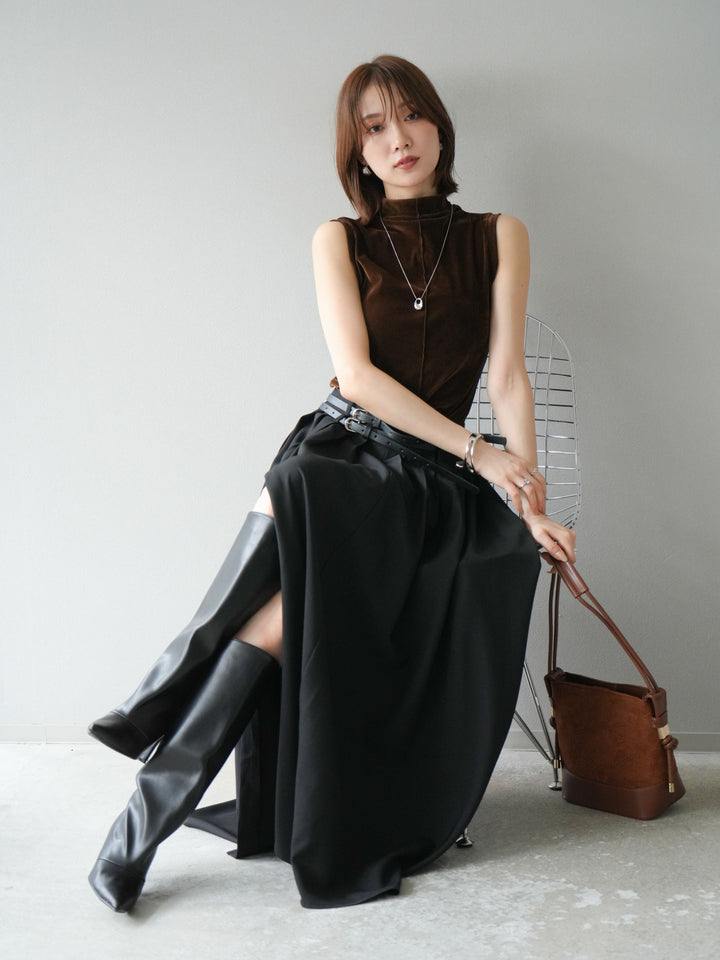 [SET]シアーベロアプチネックノースリーブトップス+エステルプリーツスリットスカート(2set)