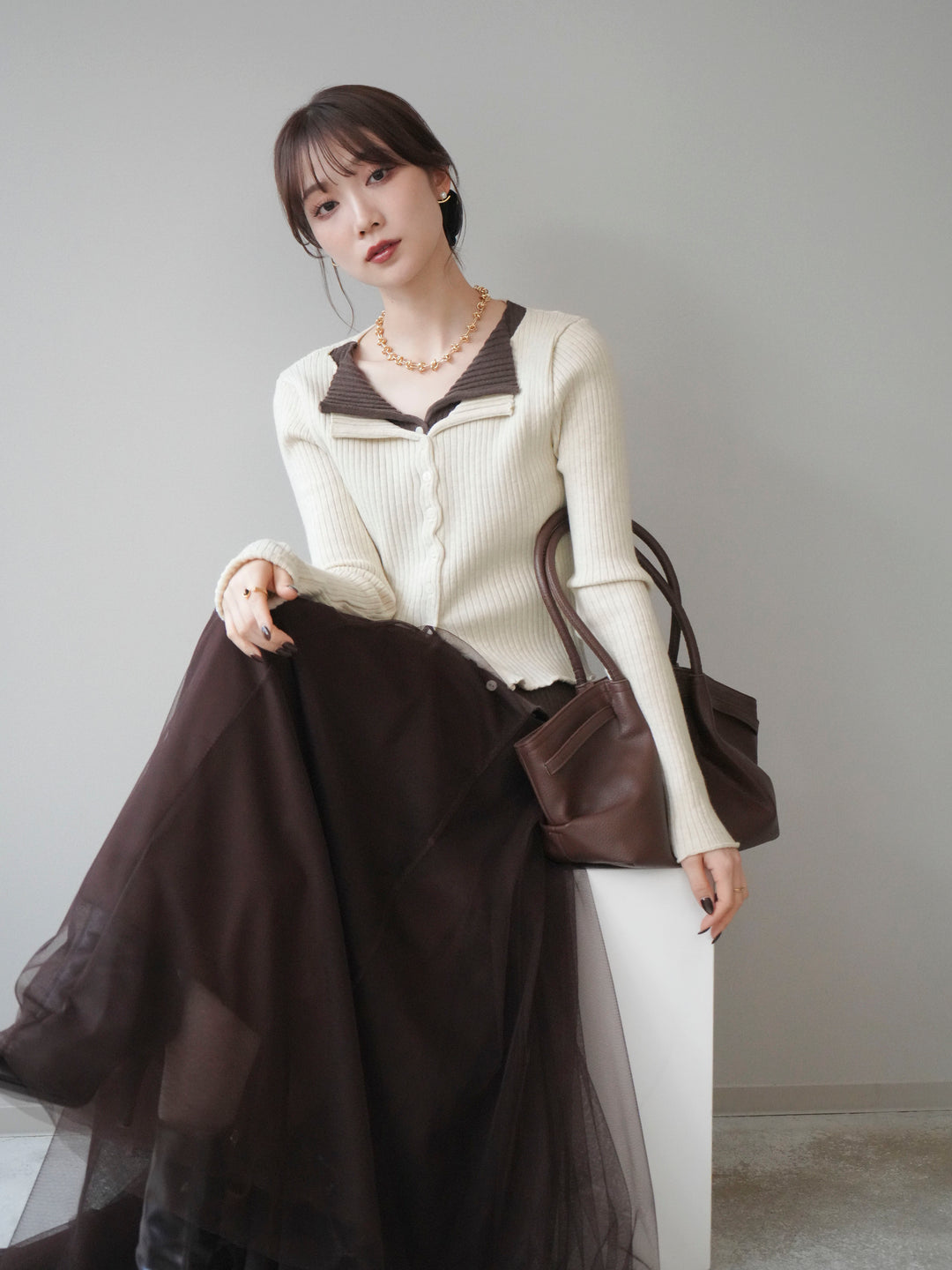 [予約]配色レイヤードリブニットカーディガン/ivory