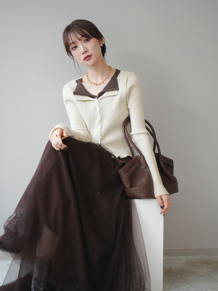 [予約]配色レイヤードリブニットカーディガン/ivory