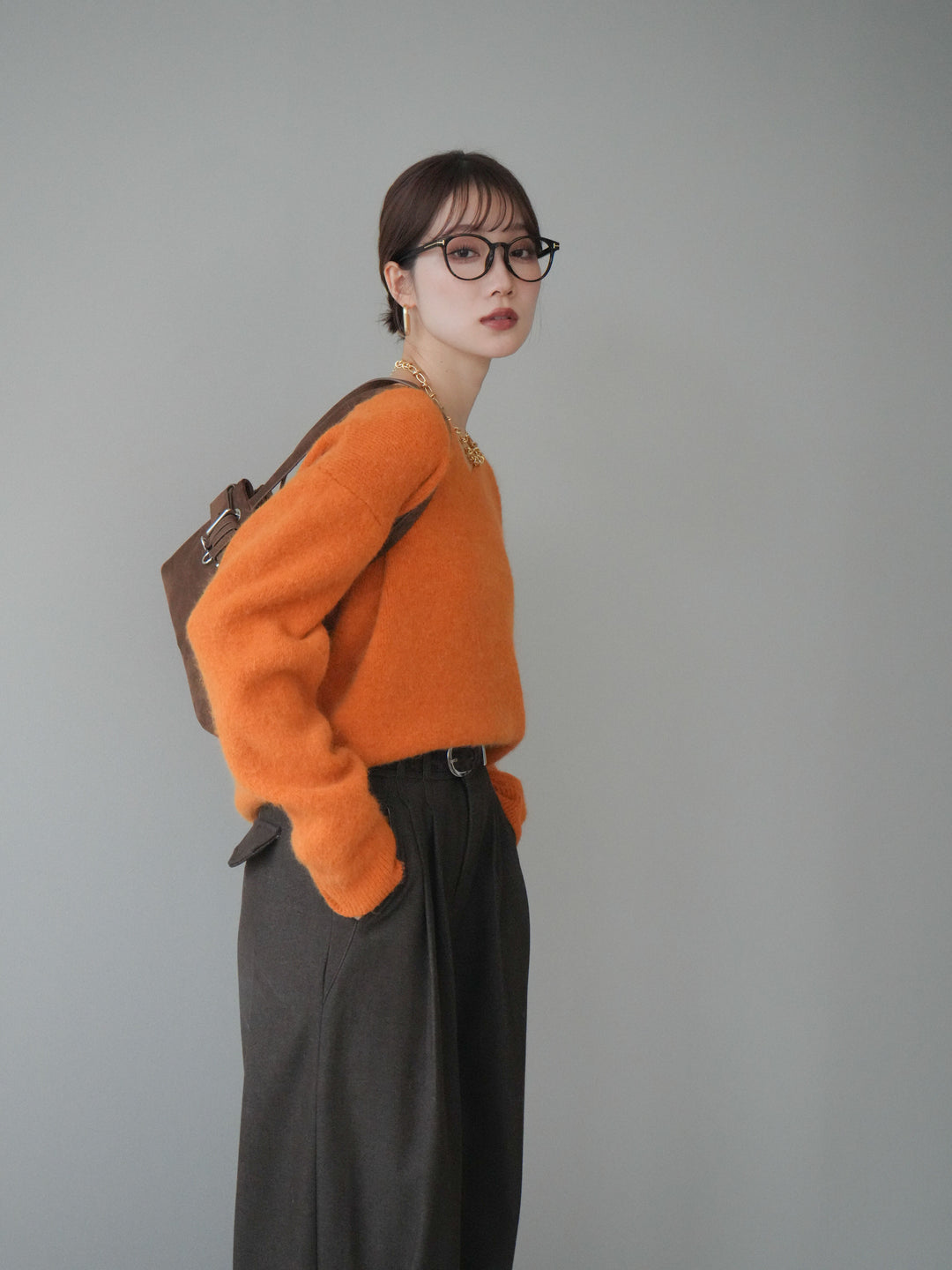 [予約]シュシュ付きアンゴラタッチVネックニットプルオーバー/orange