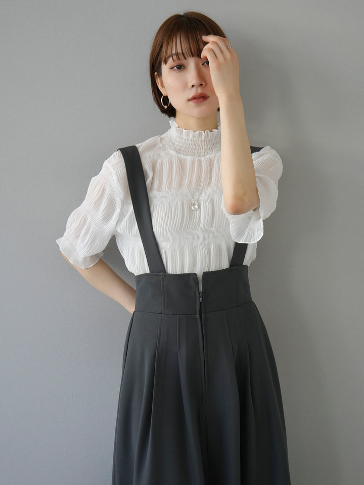 [SET] Shirring chiffon half sleeve blouse + 2WAY flare jumper skirt (2set)